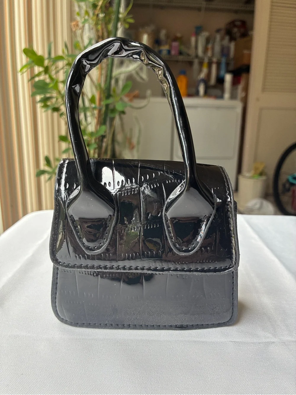 Black Patent Crocodile Embossed Mini Bag | Convertible Top Handle Crossbody - Picture 5 of 13